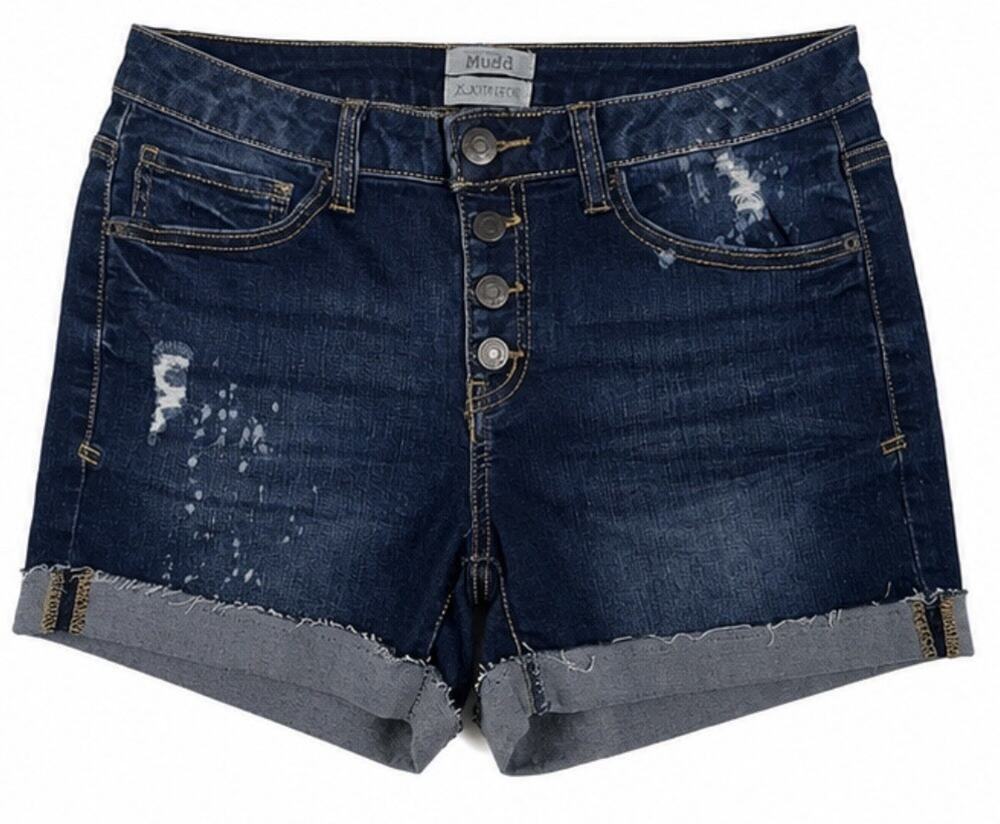 Mudd Women’s Size 9 Denim Shorts Button Fly Distressed Cuffed Stretch Blue